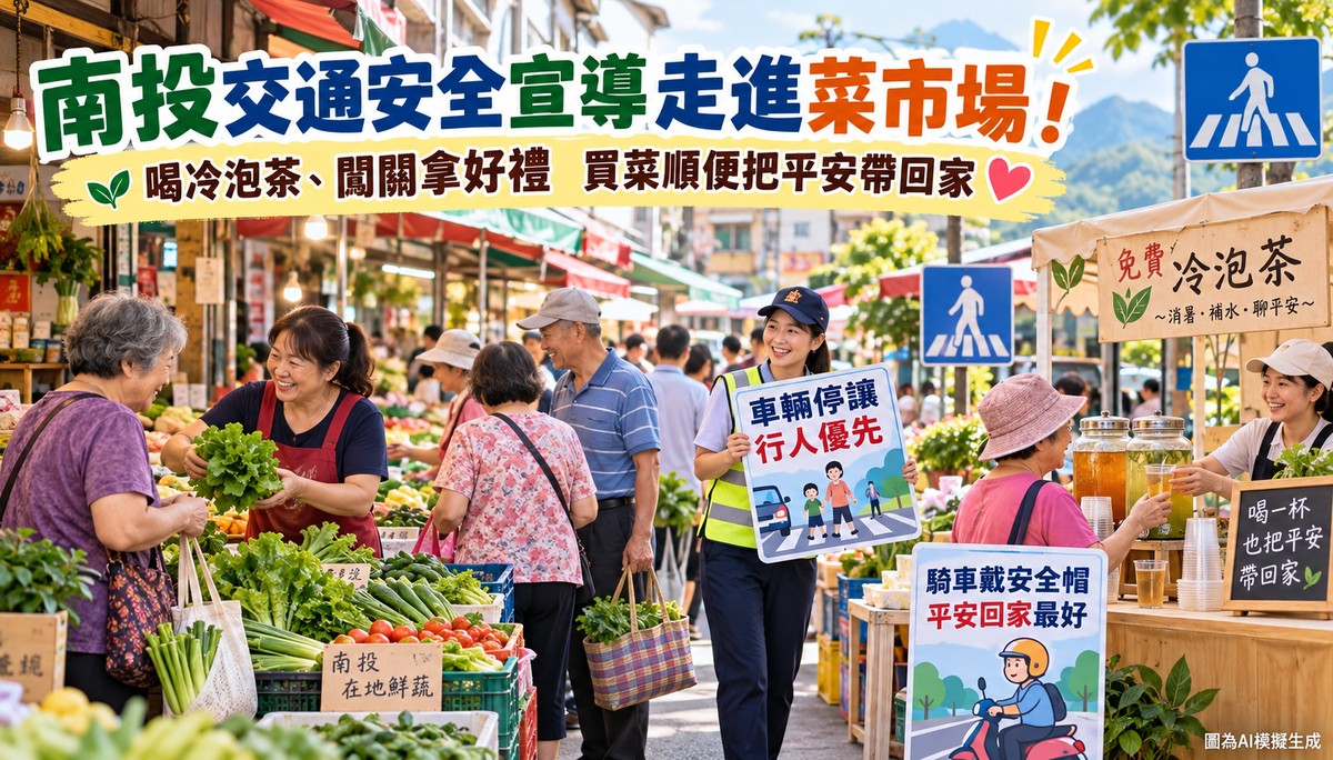 南投交通安全宣導走進菜市場！喝冷泡茶、闖關拿好禮　買菜順便把平安帶回家