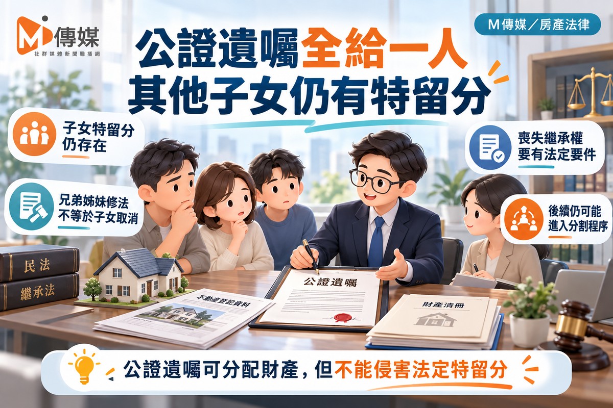 公證遺囑財產全給兒子　其他子女仍有特留分保障