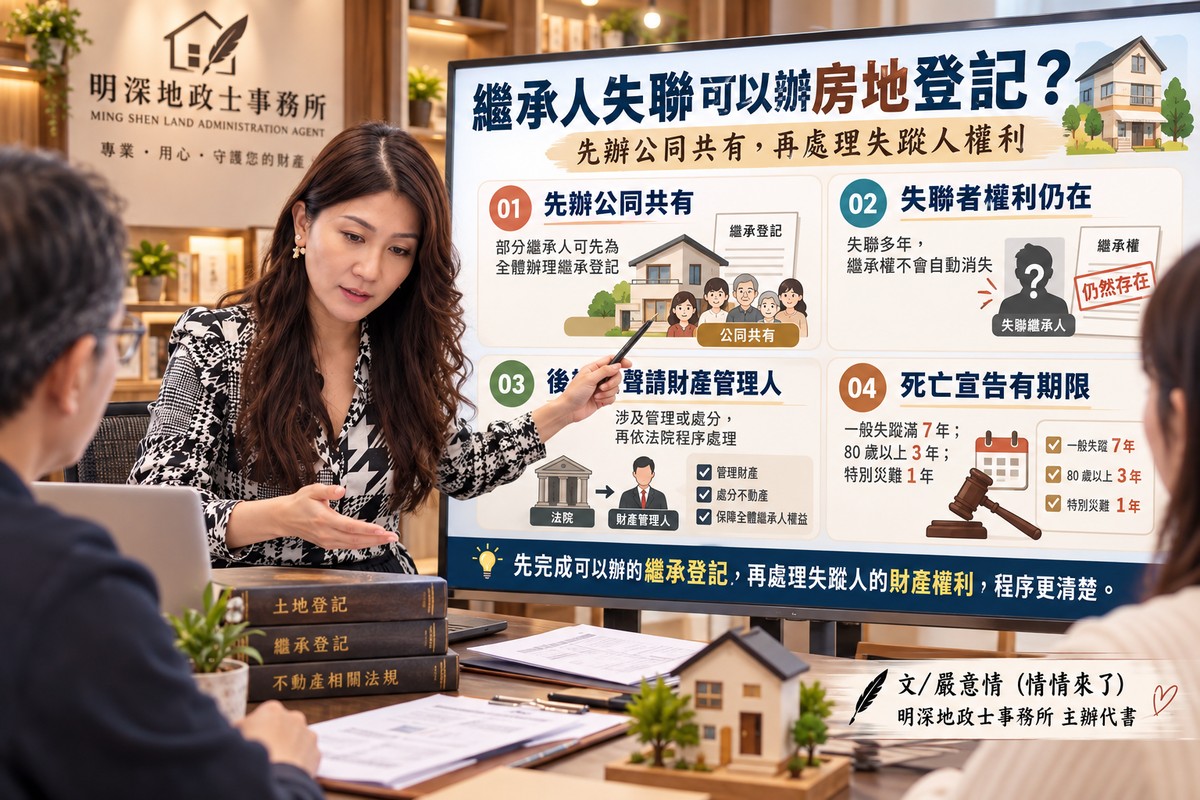 繼承人失聯可以辦房地登記 ? 情情：先辦公同共有，再處理失蹤人權利