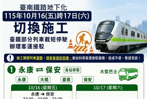 台南鐵路地下化第一階段17日通車！軌道切換施工 台鐵部分列車截短停駛、客運接駁一次看