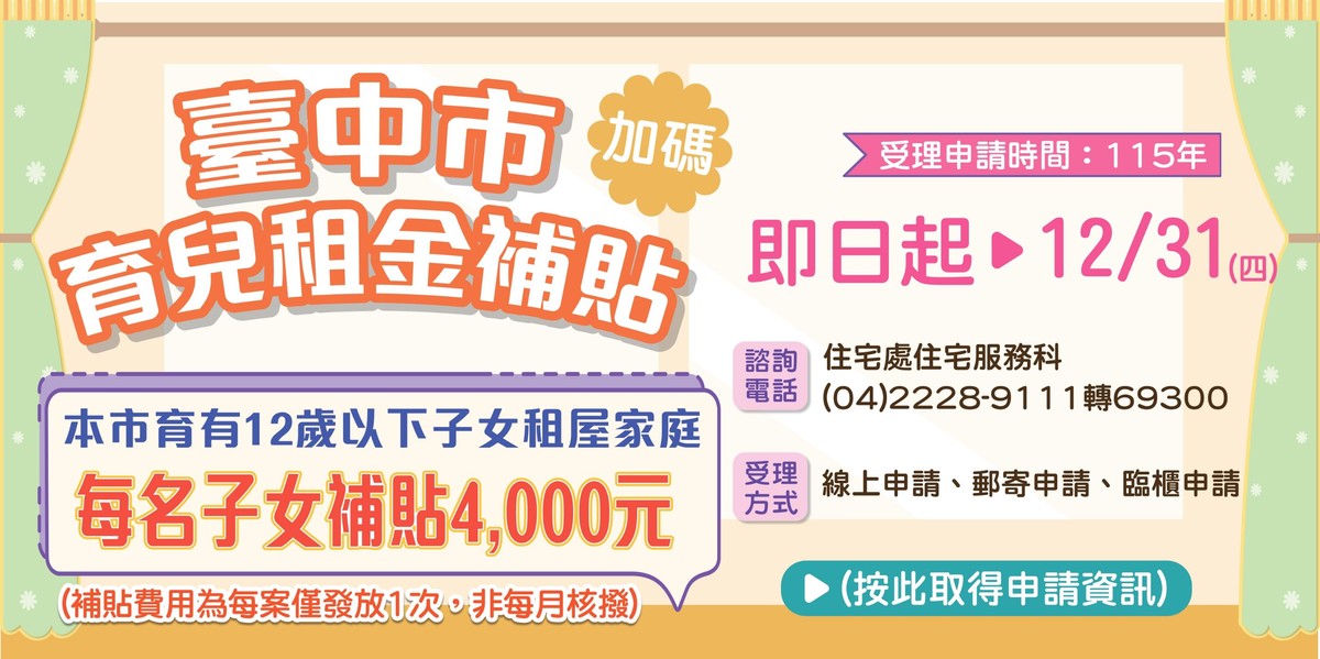 中市育兒租金補貼1月1日開放申請 每名子女補助4千元且無子女數上限