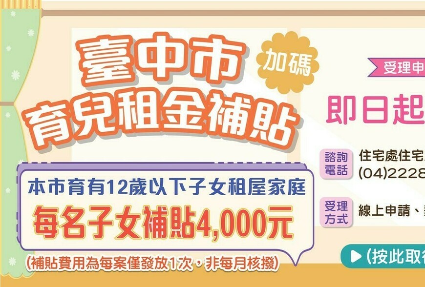 中市育兒租金補貼1月1日開放申請 每名子女補助4千元且無子女數上限