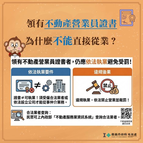 嘉義市政府地政處 領有不動產營業員證書者，仍應依法執業避免受罰！