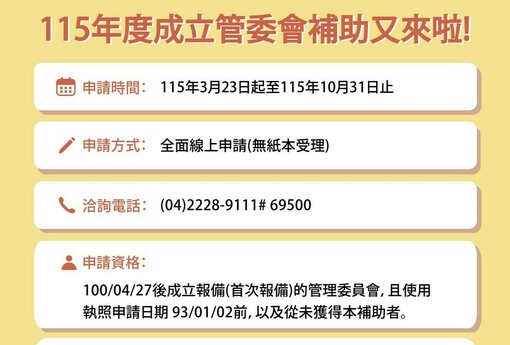 115年度台中市公寓大廈成立管委會補助　3/23-10/31開放線上受理申請
