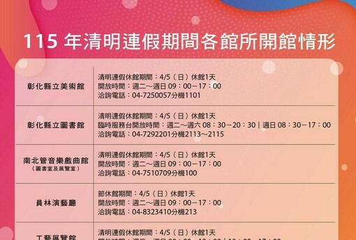 彰化縣文化局115年清明連假期間各館所開館情形