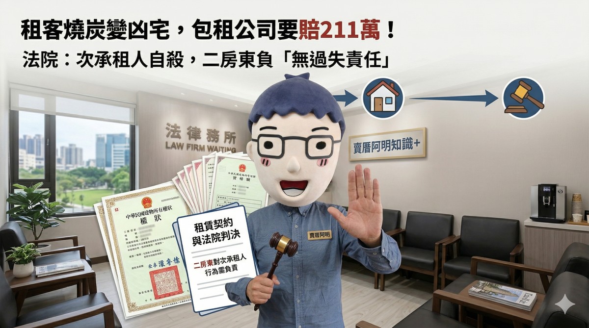 租客燒炭變凶宅，包租公司要賠211萬！法院：次承租人自殺，二房東負「無過失責任」