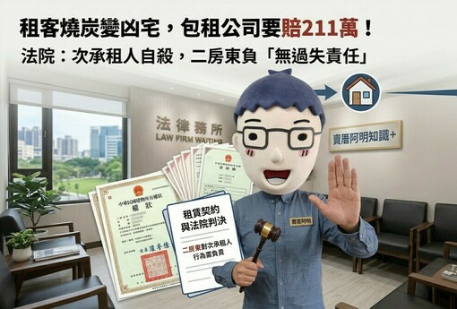 租客燒炭變凶宅，包租公司要賠211萬！法院：次承租人自殺，二房東負「無過失責任」