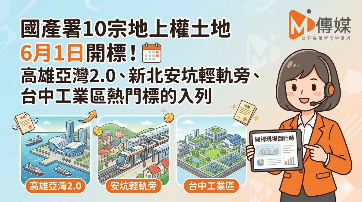 國產署10宗地上權土地6月1日開標！高雄亞灣2.0、新北安坑輕軌旁、台中工業區熱門標的入列