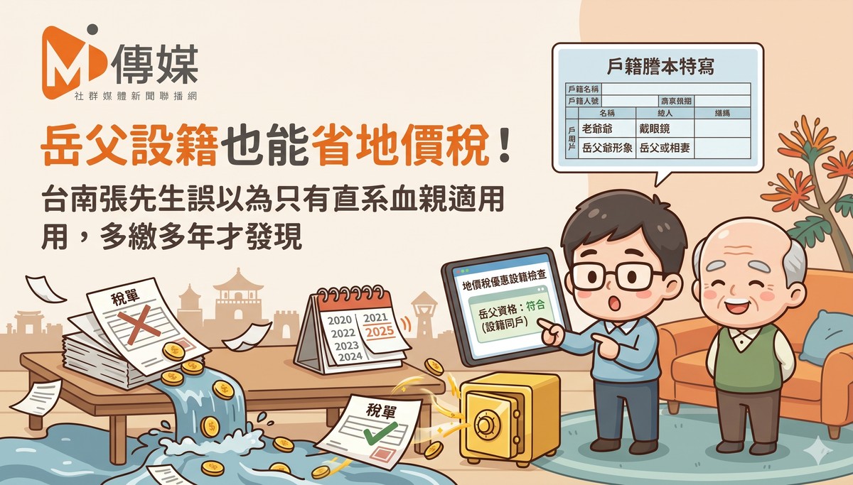岳父設籍也能省地價稅！台南張先生誤以為只有直系血親適用，多繳多年才發現