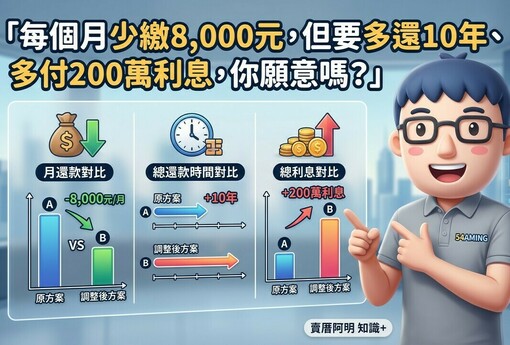 「每個月少繳8,000元，但要多還10年、多付200萬利息，你願意嗎？」