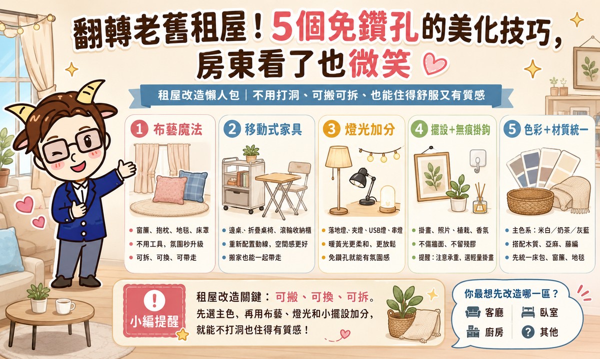 翻轉老舊租屋！5個免鑽孔的美化技巧，房東看了也微笑