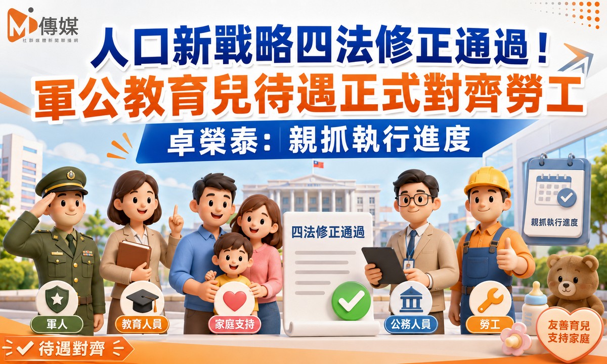 人口新戰略四法修正通過！軍公教育兒待遇正式對齊勞工 卓榮泰：親抓執行進度